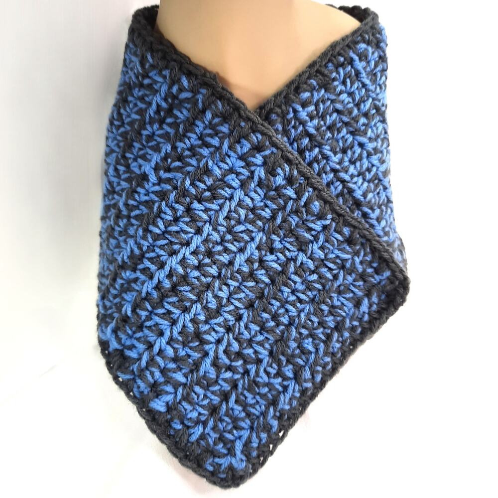 Handmade Chunky Crochet Cowl Blue Grey Textured Scarf Winter Unisex Chevron Neck
